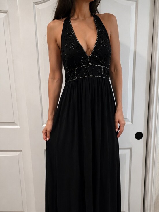 Dress Barn Dresses & Skirts - DressBarn Collection Black Beaded Halter Maxi Formal Evening Gown Dress Sz 14